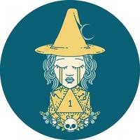 Retro Tattoo Style crying human witch with natural one D20 dice roll vector