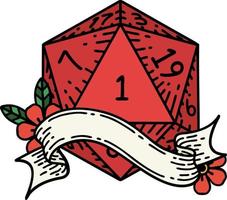 Retro Tattoo Style natural one d20 dice roll vector