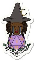 sticker of a crying human witch with natural one D20 dice roll vector