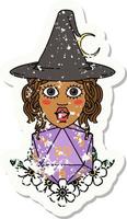 Retro Tattoo Style human witch with natural twenty dice roll vector