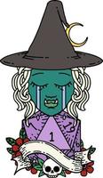 Retro Tattoo Style crying half orc witch character face with natural one d20 dice roll vector