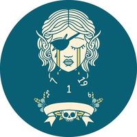 Retro Tattoo Style crying elf rogue character with natural one D20 roll vector