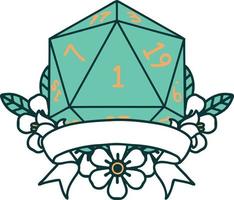 Retro Tattoo Style natural one d20 dice roll vector