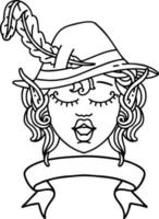 Black and White Tattoo linework Style singing elf bard character face with banner vector