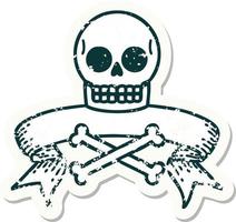 worn old sticker with banner of a skull vector