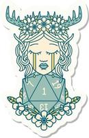 sticker of a crying elf druid character face with natural one D20 roll vector