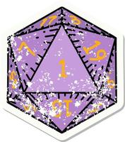 grunge sticker of a natural 1 D20 dice roll vector