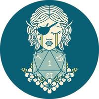 Retro Tattoo Style crying elf rogue character face with natural one D20 roll vector