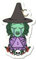 sticker of a sad half orc witch character with natural one D20 roll vector