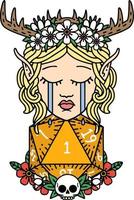 Retro Tattoo Style crying elf druid character face with natural one D20 roll vector