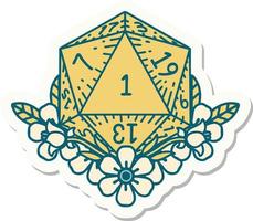 sticker of a natural one dice roll with floral elements vector