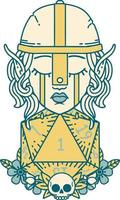 Retro Tattoo Style sad elf fighter character with natural one d20 roll vector