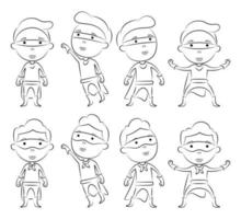 conjunto de contorno de personaje de dibujos animados de superhéroes en diferentes poses vector