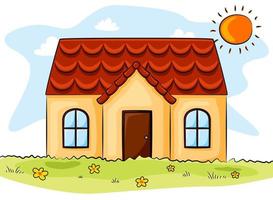 Cartoon house and the sun in the grass field vector