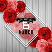 International Happy Women's Day with paper cutting butterflies, roses flowers and black round sign on wooden background vector