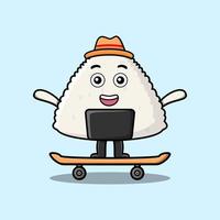 cartoon Rice japanese sushi stand on skateboard vector