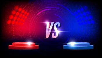 Versus VS sign with blue and red empty podiums or pedestals, glow sparks and smoke on black background. Sport confrontation, martial arts combat, fight competition or challenge vector. vector
