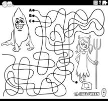 maze with cartoon ghost and devil on Halloween coloring page vector