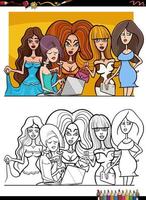 comic beautiful women group coloring page vector