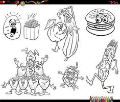 cartoon food objects characters set coloring page vector