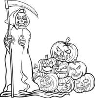 cartoon grim reaper and pile of Halloween pumpkins coloring page vector