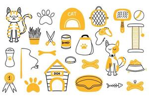 conjunto de vectores para tienda de mascotas. colección para mascotas en estilo doodle. accesorios para mascotas. comida, rascador, pata, perro, gato.