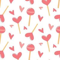 Seamless pattern with hearts and lollipops. Print by February 14th. Vector illustration . Cartoon style. Romantic pattern.