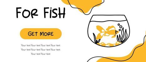 Vector banner for pet shop app. Banner with a goldfish in an aquarium. Poster for the website. Doodle style.