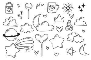 Cute set of elements. Elements for design. Heart, stars, clouds, lollipops, moon, planet, shooting star. Doodle style. Vector illustration.