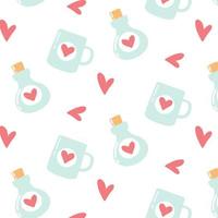 Seamless pattern with hearts and potion flask. Cartoon style. Romantic pattern.Vector illustration. vector