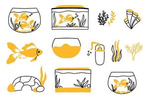 Vector set for fish care. Doodle style. Collection of aquariums and goldfish.