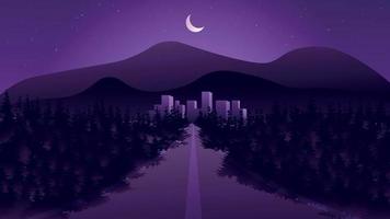Night road Illustration with a forest and a city vector