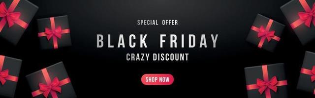 Black Friday horizontal banner. Black gift boxes with red ribbon for Black Friday Sale. vector