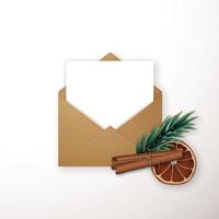 Realistic craft envelope with winter decor fir tree branch, cinnamon, orange slice. vector