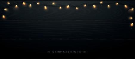 Festive banner with bright Christmas lights on black wooden background. vector