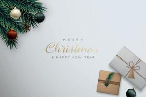 Merry Christmas banner. Festive New Year design with realistic craft gifts box, shiny balls and fir tree branches. vector