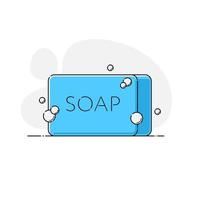 Bar of blue antibacterial solid soap in rectangular shape with bubbles. Isolated vector illustration personal care product for hand washing in flat style with outline on background abstract shapes