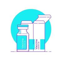 Isolated vector illustration of covid vaccine vial in flat style with outline. Glass ampoule template with box for medical design, logo. Injection bottle linear icon