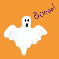 A cheerful cartoon ghost talking boo on orange background for halloween. Flat vector illustration.