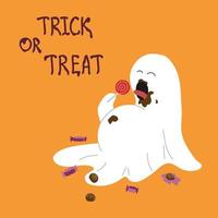 A cheerful cartoon ghost gorged on sweets on orange background for halloween. Flat vector illustration.