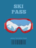 Ski pass. Ski resort, snowboard mask with reflection of snowy mountains. Alps, firs, mountains wide panoramic background. winter activities. red ropeway. Christmas. vacation winter holidays vector