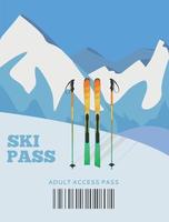 Ski pass. Ski resort, skiing on the background of mountains. Alps, firs, mountains wide panoramic background. winter activities. red ropeway. Christmas. Vacation winter holidays vector