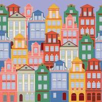 Cute houses, city buildings in Scandinavian style. Cosy town panorama with home exteriors, Scandi architecture. Urban street with chimneys, smoke. Flat vector illustration isolated on white background