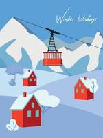Ski resort, air lift flat vector illustration. Alps, firs, mountains wide panoramic background. Winter activities. red ropeway. Christmas. Recreation Winter holidays