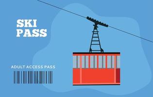 Ski pass. Ski resort, air lift flat vector illustration. Alps, firs, mountains wide panoramic background. Winter activities. red ropeway. Christmas. Recreation Winter holidays