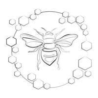 Bee single line drawing in a frame of honeycombs line art logo template,emblem,label in modern simple style vector illustration.Honey bee with honeycombs.Honeybee farm concept from wasp animal shape