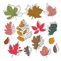 hojas de otoño conjunto dibujo de arte abstracto ilustración vectorial aislada.hojas estilizadas de diferentes colores en estilo de arte de línea mínimo moderno,elementos de follaje botánico para la decoración de diseño vector