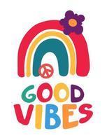 Lettering with a rainbow pattern in the retro style of the 70s. Good vibes multicolored inscription. Vector illustration