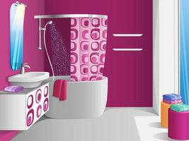 Pink bathroom illustration background with shower tub and sink vector