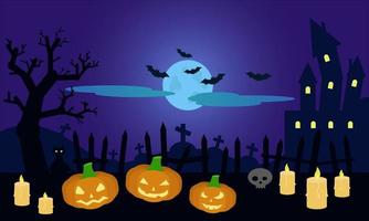 Halloween. A night in the cemetery, pumpkins, a scary castle, an old tree. cartoon vector illustration.